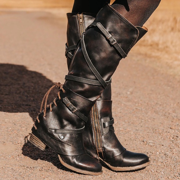 Freebird By Steven CASSIUS Knee High Buckle Lace Up Back Distressed Boots
